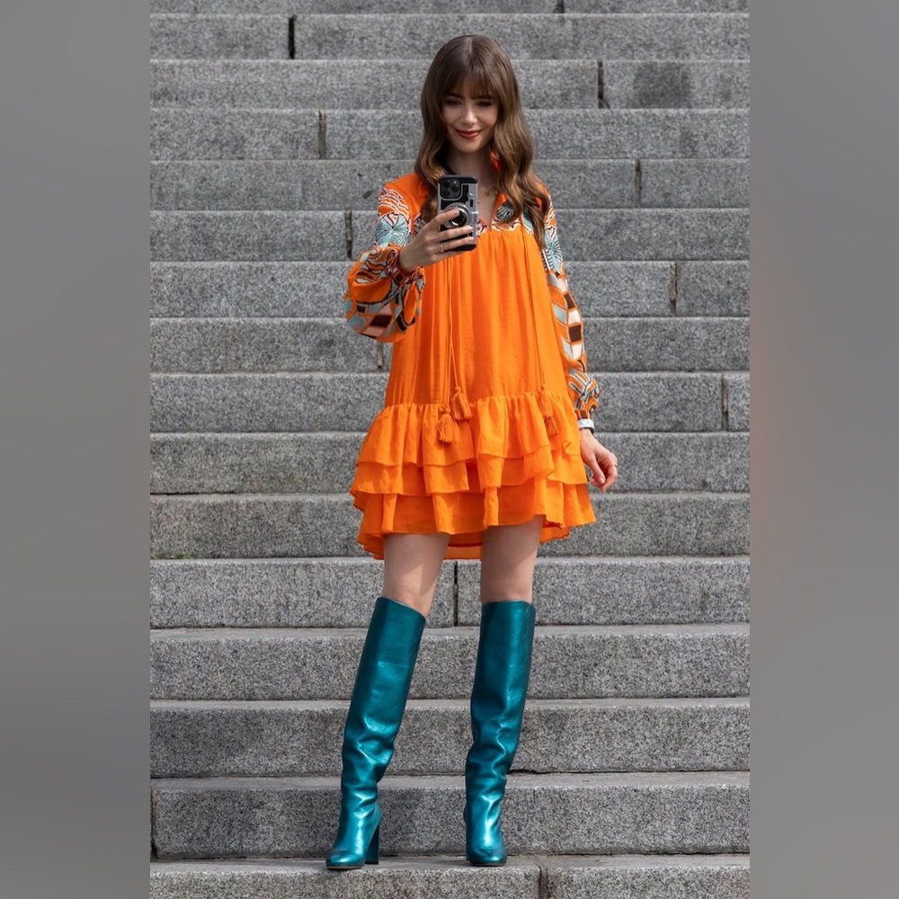 H&M x Iris Apfel Orange Flounce-Hemmed Tunic Dress